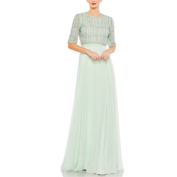 Mac Duggal Sage Chiffon Gown With Fully Beaded 3/4 Sleeve Top Defected- Reemoly - Picture 1 of 16